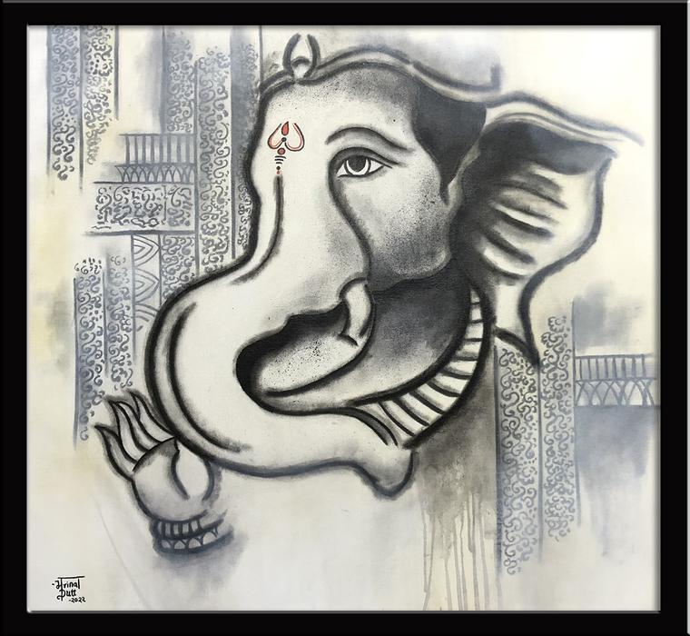 Ganesh/Ganpati Original Painting & Wall Art Vighnaharta Mixed Media On Canvas  Size(Inch): 28 W x 30 H by Mrinal Dutt