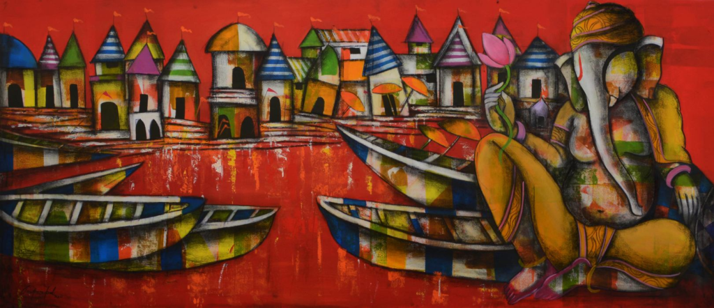 Ganpati Ganesha Paintings, Banaras Ghat Wall Art Size(Inch): 84 W x 36 H Acrylic On Canvas by Anupam Pal